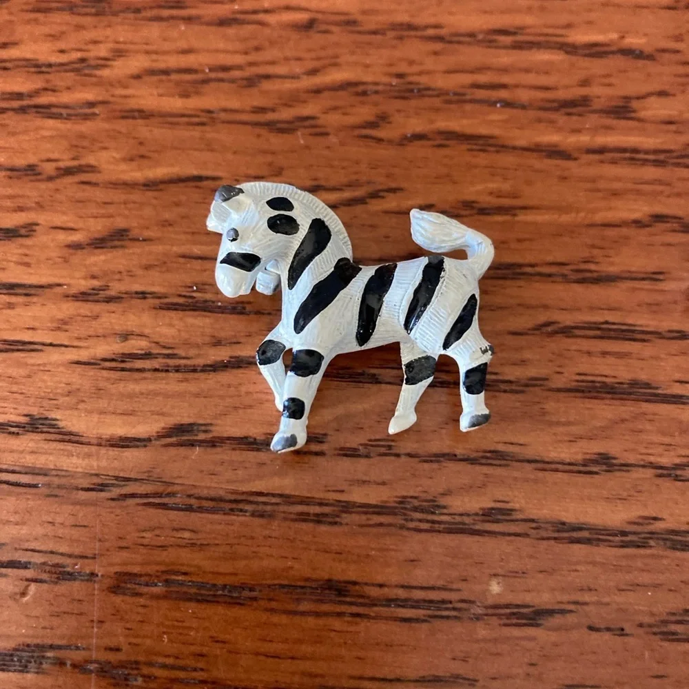 Vintage Lot 2 Zebra brooches black white enamel signed Gerry 1 poodle green eyes
